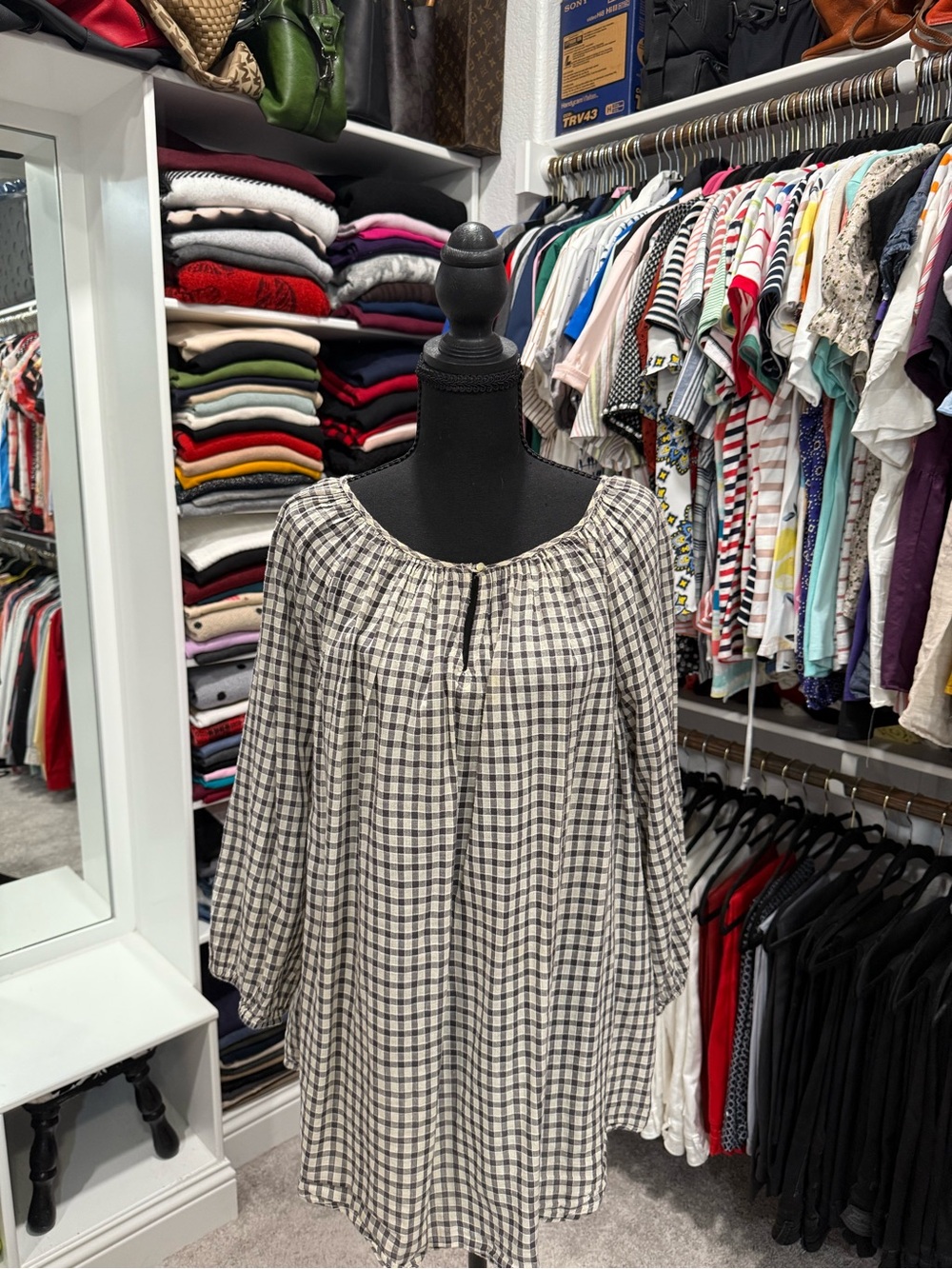 Chaps Black and White Plaid Peasant Tunic